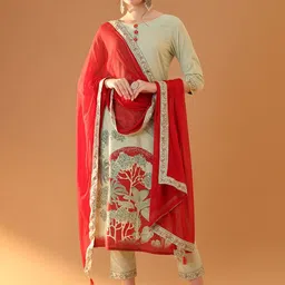 Tulsattva Floral Printed Round Neck Regular Pure Cotton Kurta With Trouser With Dupatta-image-23