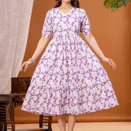 JAIPURFAME Floral Printed V-Neck Puff Sleeves Maternity Cotton Anarkali Ethnic Dress-picture-55