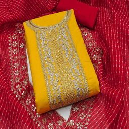 SHIJILA Ethnic Motifs Embroidered Poly Silk Unstitched Dress Material-image-59
