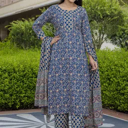 mokshi Ethnic Motifs Printed Round Neck Straight Kurta With Palazzos & Dupatta-image-7