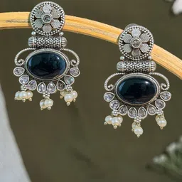 NAMAN ARTS Silver-Plated Artificial Studded & Beaded Contemporary Drop Earrings-image-59