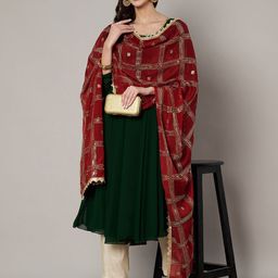 MUFFLY Ethnic Motifs Checked Dupatta with Thread Work image 4