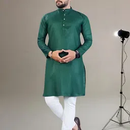 PoshSide Men Solid Straight Kurta (Dark Green)-image-79