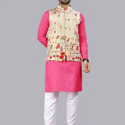 Leipzig Fashion Striped Woven Design Mandarin Collar Kurta & Pyjamas With Nehru Jacket-image-65