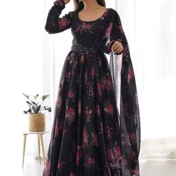 FILIB LONDON Floral Printed Georgette Anarkali Kurta With Trousers & Dupatta-36