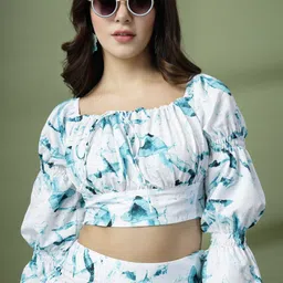Oomph! Women Abstract Printed Bell Sleeve Fitted Crop Top-19
