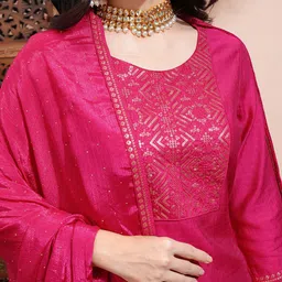 Vishudh Fuchsia Floral Embroidered Round Neck Regular Sequinned Kurta & Trouser & Dupatta image 2