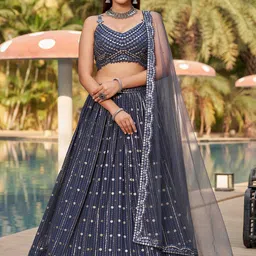 ETHNIC PLUS Embroidered Georgette Semi-Stitched Lehenga & Unstitched Blouse With Dupatta-image-85