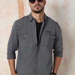 High Star Men Regular Fit Utility Heavy Washed Spread Collar Solid Cotton Casual Shirt-image-74