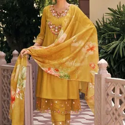 KALINI Yoke Design Chanderi Silk A-Line Kurta With Trousers And Dupatta image 2