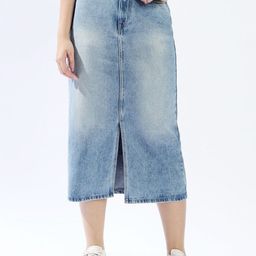 High StarWashed Midi PencilHigh-Rise Side Slit Skirt-image-52