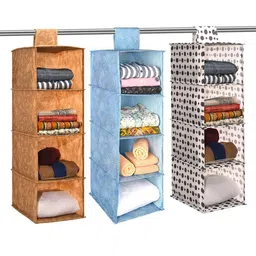 Kuber Industries Brown & Blue 3 Pieces Foldable 4 Shelf Hanging Closet Organisers-40