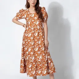 all about you Women Floral Printed Puff Sleeve Fit & Flare Midi Dress-image-97