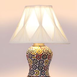 Devansh White Textured Traditional Frusturical Shaped Wooden Table Lamp & Mosaic Glass image 2