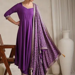 Khushal K Embroidered Sweetheart Neck A-Line Kurta With Trousers & Dupatta-image-21