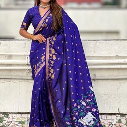 ELITE WEAVES Ethnic Motifs Zari Silk Blend Banarasi Saree-image-49
