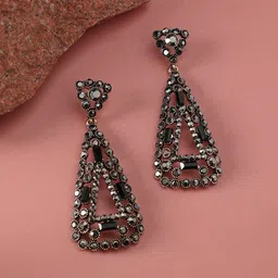 DressBerry Gold-Plated Artificial Stones Studded Triangular Shaped Drop Earrings-5