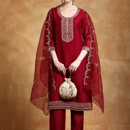 Varanga Yoke Design Zari Round Neck Straight Kurta With Trousers & Dupatta-picture-50