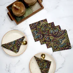 Ratan Cart 6-Pcs Green & Mauve Printed Table Napkins image 2