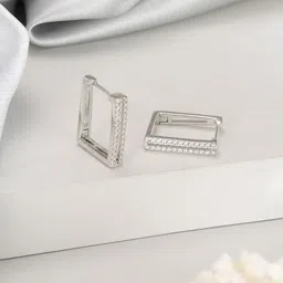 DressBerry Rhodium-Plated American Diamond Studded Square Shaped Hoop Earrings-18