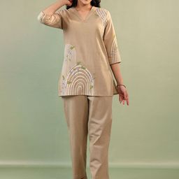 MISRI Embroidered Pure Cotton V Neck Top With Trousers Co-Ords-picture-14