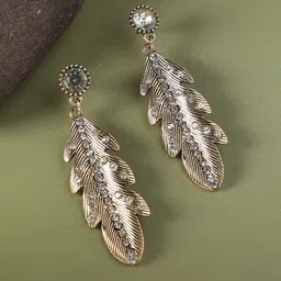 DressBerry Gold-Plated Artificial Stones Studded Leaf Shaped Drop Earrings-17
