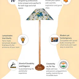 Devansh Brown & White Printed Conical Shape Floor Lamp With Wooden Base image 2