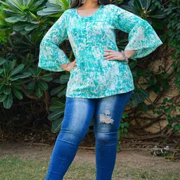 IKRASS Women Tie and Dye Printed Bell Sleeve Cotton Top-image-34