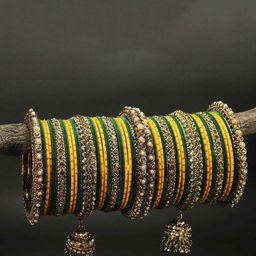 RIJOLI Set Of 42 Gold-Plated Stone Studded & Beaded Jhumka Latkan Bangles-image-20