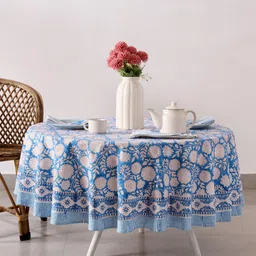 HANDICRAFT PALACE Blue & White Printed Cotton Round 8-Seater Table Cover With Napkin Set-image-73