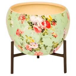 House of Sajja Green & Pink Floral Ceramic Planter With Stand-picture-55