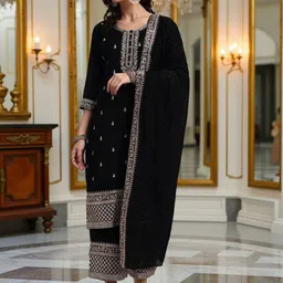 Pannkh Floral Embroidered Round Neck Sequinned Straight Kurta With Palazzos & Dupatta-picture-48