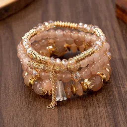 MEENAZ Gold-Plated Set Of 4 Artificial Beaded Elasticated Tasselled Bracelet-41
