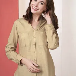 Anouk Mandarin Collar Roll-Up Sleeves Cotton Shirt Style Top-picture-17