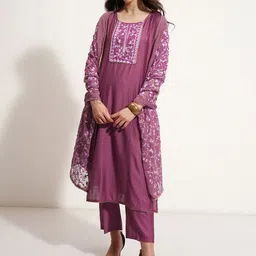 Vishudh Floral Yoke Design Round Neck Straight Kurta With Trousers And Dupatta-image-52