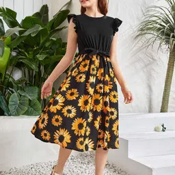 Miss & Chief Girls Floral Printed Flutter Sleeves Fit & Flare Midi Dress-image-89