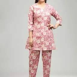 COTTON CULTURE Floral Printed V-Neck Pure Cotton Tunic With Trousers-image-99