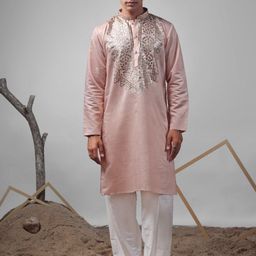 Rawayi Floral Printed Mandarin Collar Sequinned Silk Straight Kurta-image-83