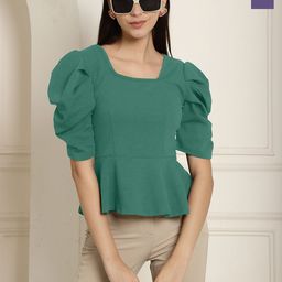 Metronaut Women Pack Of 2 Sweetheart Neck V-Neck Puff Sleeve Peplum Top-picture-10