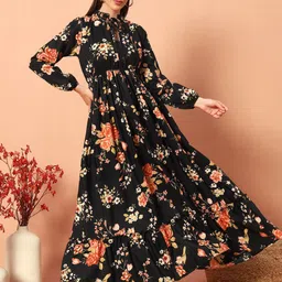 LookShine Women Floral Print Tie-Up Neck A-Line Maxi Dress-picture-24