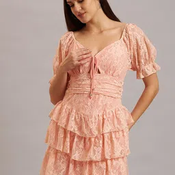Eavan Self Design Ruffles Sweetheart Neck Puff Sleeves Mini Dress-image-3