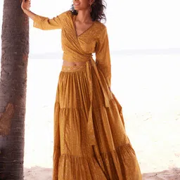 Global Desi Printed V Neck Crop Top With Skirt Co-Ords-image-20