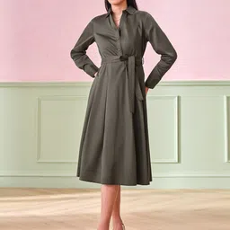 AND Solid Pure Cotton Knee-Length Shirt Dress-image-64