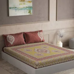 DDecor Yellow & Red Ethnic Motifs 144 TC King Bedsheet with 2 Pillow Covers-31