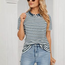 VIMAL JONNEY Women Striped Polo Collar Monochrome Pockets T-shirt-image-95