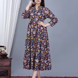 FebQ Women Floral Printed Mandarin Collar A-Line Midi Dress-picture-40