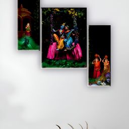 SAF Black & Blue 3 Pieces Radha Krishna Printed Wooden Wall Art-99