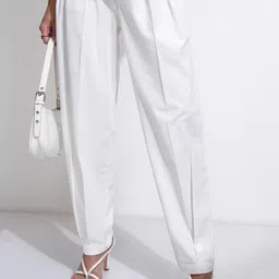 Tokyo Talkies Women Solid Linen Front Pleated Carrot Pants-34