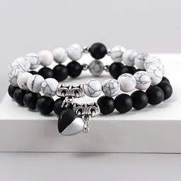 DIVASTRI Unisex Set of 2 Silver-Plated Stainless Steel Beaded Heart Elasticated Bracelets-image-4