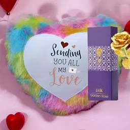 Anikmart White & Pink Printed Pre-Filled Heart Shaped Cushion With Golden Rose-image-54